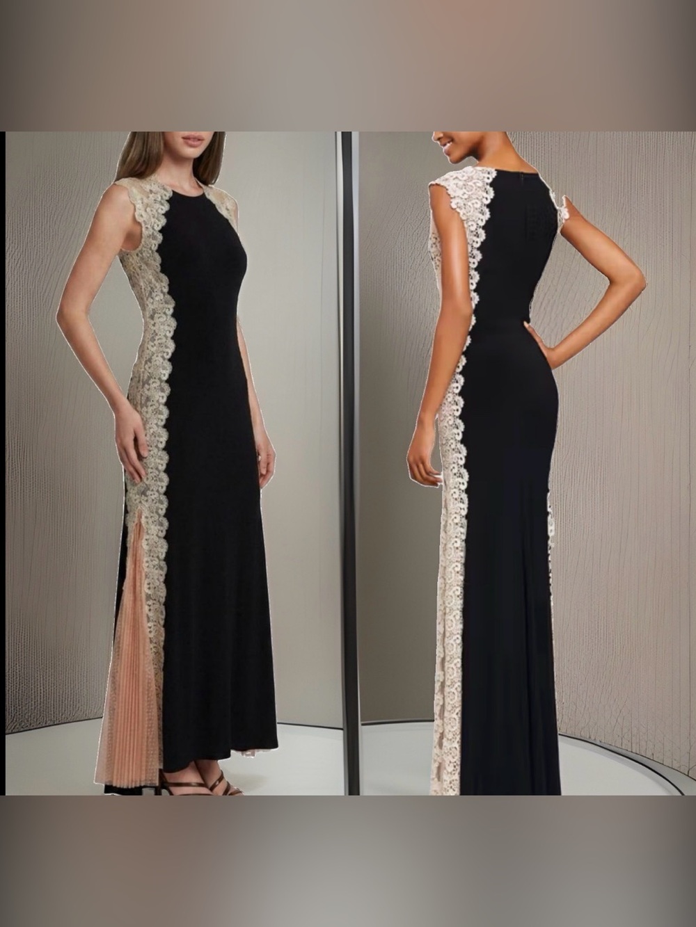 Xscape Women’s Black Formal Maxi Dress w/Metallic Champagne Lace Panels-4-EC